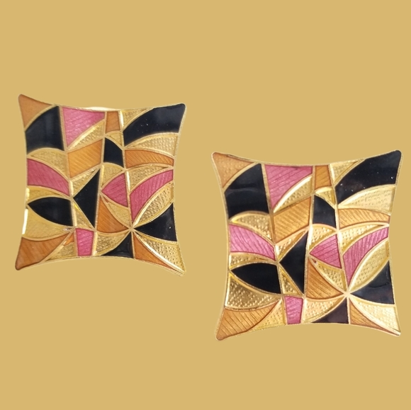 Vintage Gold Metallic Enamel Pierced Post Earrings - Picture 7 of 15